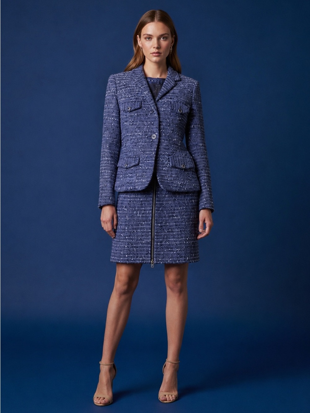 Zenobia Blue Tweed Suit | Chanel-Inspired Textured Blazer & Skirt | Like-New | 8